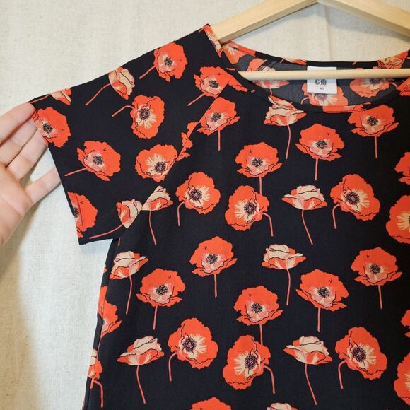 CABI Flanders Top Red Poppy Print Floral Blouse Short Sleeve Back Faux Wrap XS - Picture 3 of 9